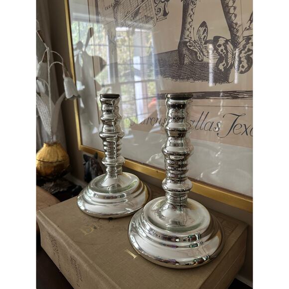 2 Mercury Glass Candle Holders silver elegant Williamsburg 8.5x5.5” - Picture 10 of 11